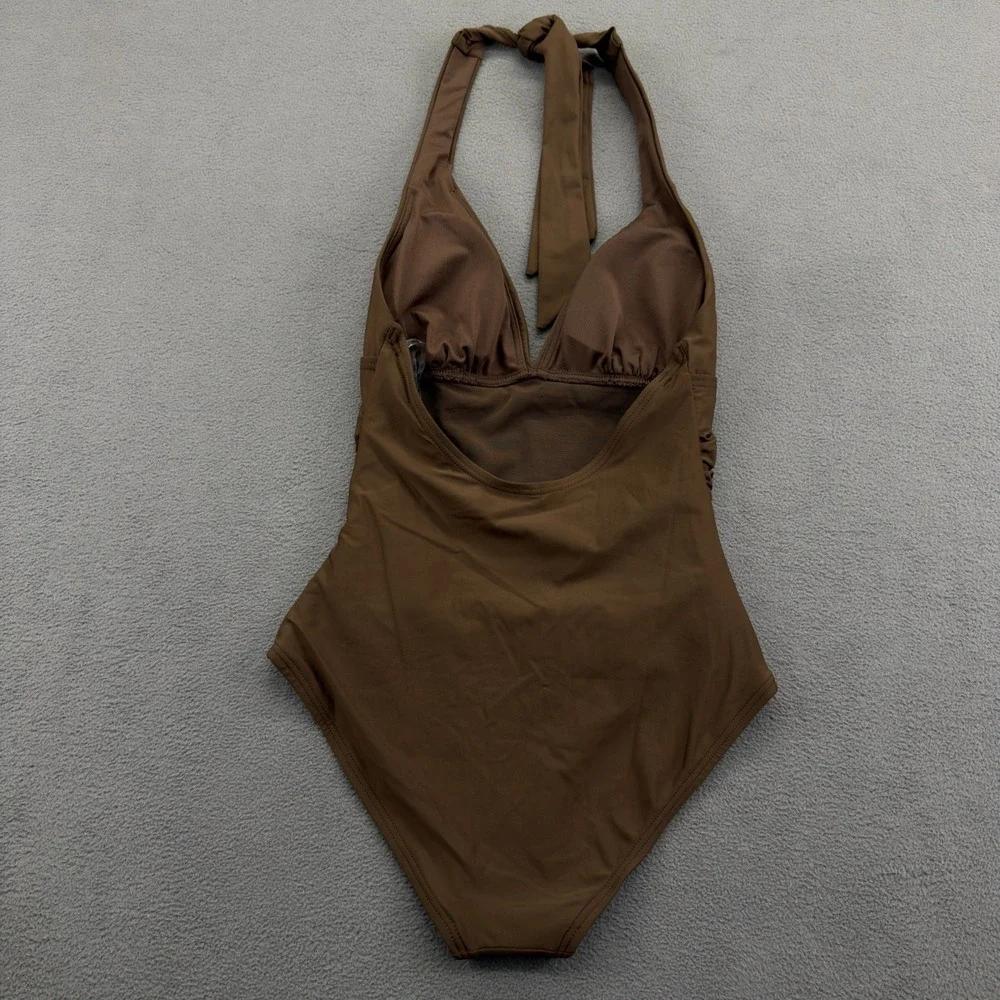 DKNY Women's Triangle Halter Neck One Piece Swimsuit With Tummy Control XS Brown - Picture 8 of 13